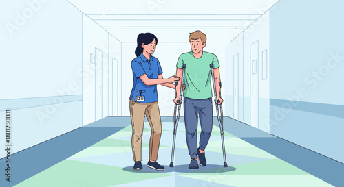 Patient's Assisted Ambulatory Rehabilitation with Physical Therapist in Hospital Environment