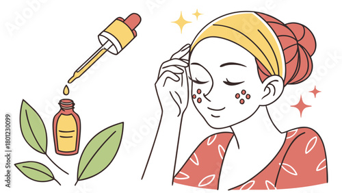 Girl applying facial serum set. Collection of woman using pipette dropper oil on her face and massaging skin. Beauty and skincare routine concept. Vector illustration. See Less
