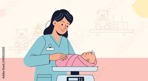 Pediatrician Evaluating Newborn Weight On A Scale In A Gentle And Caring Manner