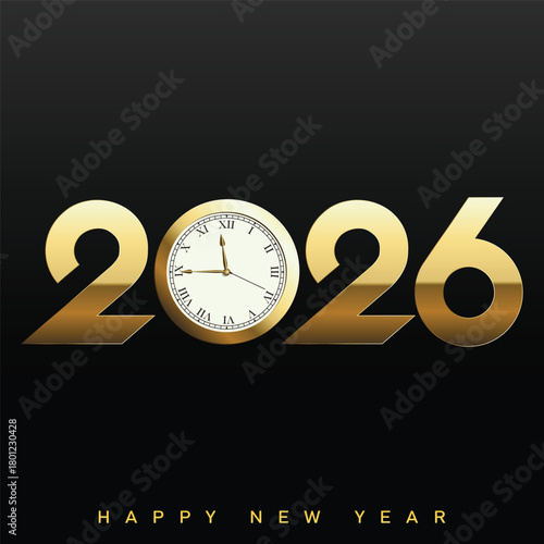 old golden Happy New Year 2026 clock logo. Vector