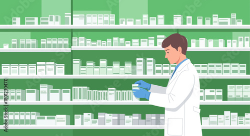 Pharmacist Examining Medication Shelves Amongst Numerous Pharmaceutical Packages
