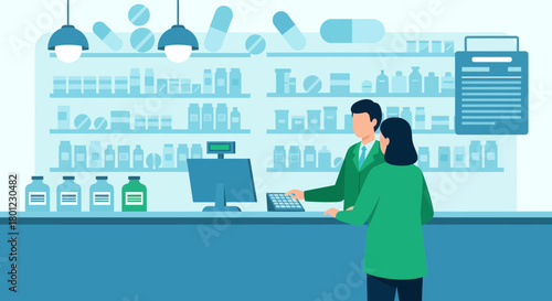 Pharmacy Clerk Helping A Customer At A Modern Retail Establishment With Prescriptions