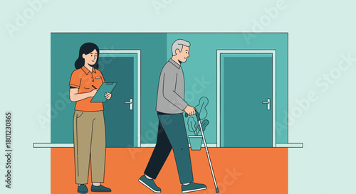 A Caregiver Assists A Senior Citizen Walking With A Cane Within A Healthcare Center