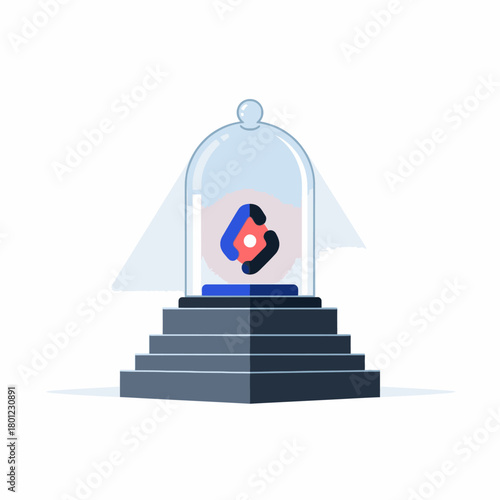 A valuable abstract geometric symbol is proudly displayed under a protective glass bell jar on a multi-tiered pedestal, representing security and importance.