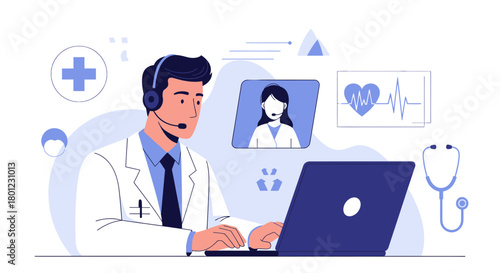 Telemedicine Consultation Depicted With Doctor Using Laptop for Healthcare