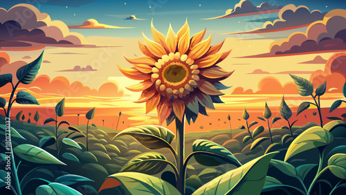 Very beautiful sunflower standing tall in a wide open field beneath a glowing sunset sky, warm golden tones illuminating petals and creating a serene, natural countryside atmosphere.