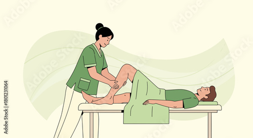 Therapist Giving Leg Massage With Patient Relaxing on a Treatment Table Illustration