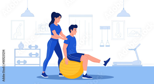 Woman Assisting Man With Core Exercise On Stability Ball For Workout Session