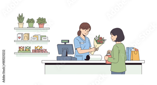 Woman Buying Flowers At Florist Store With Plants And Sweets Illustration