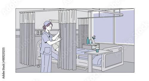 A Nurse Attending a Patient's Needs with Hospital Room Scene Illustration.