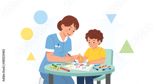 A Nurse Guides A Young Child In Creative Painting At A Table Top To Express Feelings