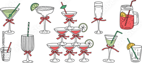 Festive holiday cocktails and drinks with red bows
