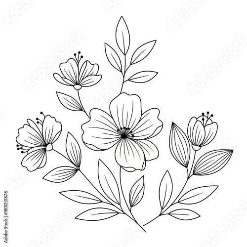 Floral line art design for coloring page with flower bouquet and leaves vector illustration art