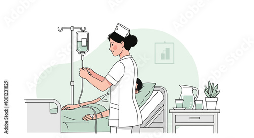 Caring Nurse Adjusts IV Drip for Patient in Hospital Room with Illustration
