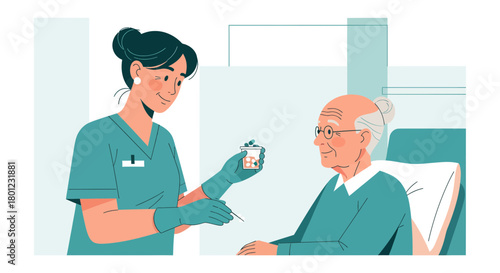 Caring Nurse Administering Medication To An Elderly Patient For Health Maintenance