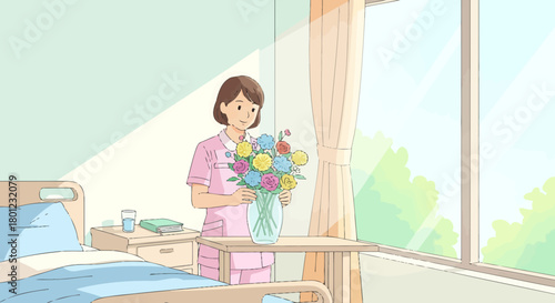 Caring Nurse Arranges Floral Bouquet In Patient Room, Providing Hope And Comfort