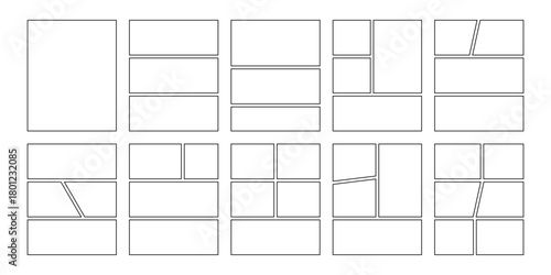 Comic book panels set. Manga collage blank template. Storyboard layout panel. Empty page line frame for photo collage. Comic book board mockup. Vector illustration isolated on white background.