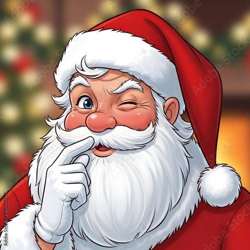 Santa Winks Mischievously Illustration of Santa winking one of his eyes with a sly expression and a small smile, as if he has a fun Christmas secret