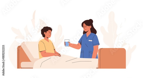Caring Nurse Comforting Patient and Offering Water in a Calm and Supportive Hospital Environment