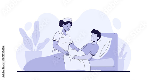 Caring Nurse Comforting Patient in Bed, Offering Support, Healthcare Illustration