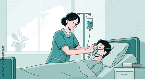 Caring Nurse Comforting Patient in Hospital, Providing Oxygen Therapy, Medical Illustration