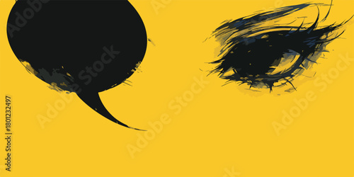 Vektorillustration eines stilisierten Auges und einer Sprechblase auf gelbem Hintergrund, ideal für kreative Projekte.