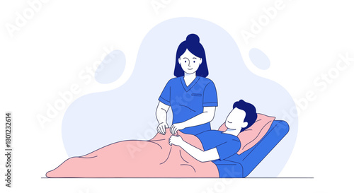 Caring Nurse Comforting Patient On Bed During Examination Medical Illustration