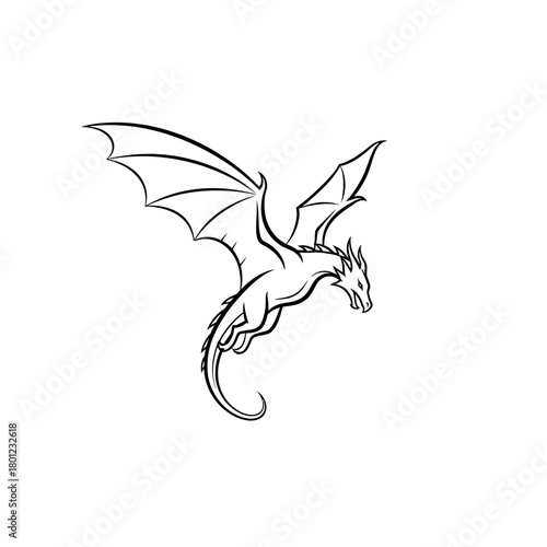 Dragon outline vector illustration flying mythical creature fantasy art drawing design for print and tattoo