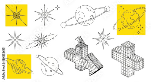 Cosmic Collection Hand-Drawn Planets and Stars Line Art Set
