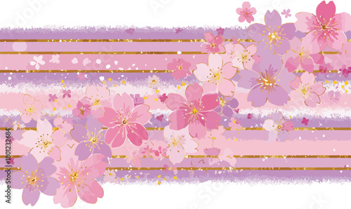 Zarte Kirschblüten auf einem pastellfarbenen Hintergrund mit goldenen Akzenten, ideal für frühlingshafte Designs und Vektor-Illustrationen.