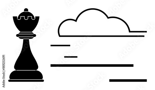 Chess king figure alongside minimalistic cloud and flow lines suggesting strategy, progress, and leadership. Ideal for planning, decision-making, strategy, success, innovation, focus and progress