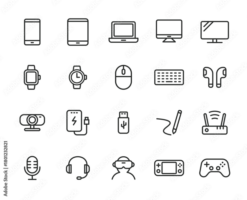 Obraz premium デジタルデバイスとガジェットのラインアイコンセット(スマホ・PC・周辺機器・アクセサリー)20種