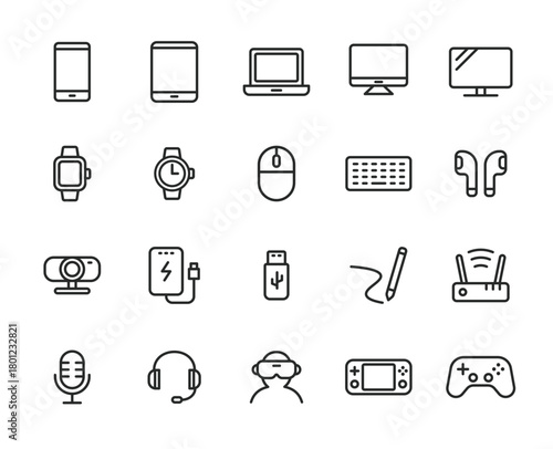 デジタルデバイスとガジェットのラインアイコンセット（スマホ・PC・周辺機器・アクセサリー）20種