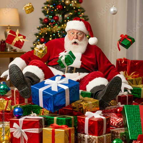 Santa Stumbles Over Presents A somewhat clumsy Santa stumbles over a pile of presents, with a hilariously shocked expression and his Christmas hat slightly off