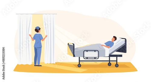 Caring Nurse Opens Curtains For Patient In Recovery And Hospital Setting