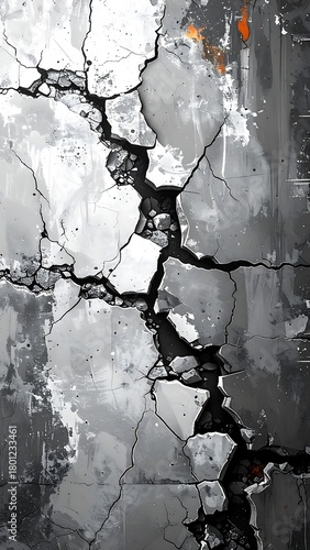 Digital illustration of cracked, weathered wall with grayscale and orange accents