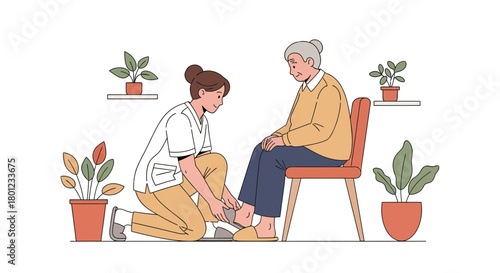 Caring Professional Assistance: Elderly Woman's Foot Care Within Serene Interior Scene