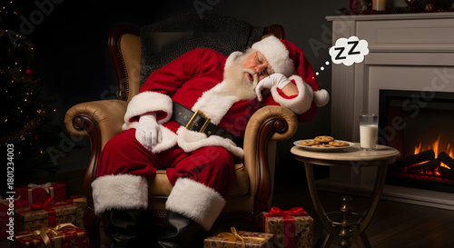 Santa fast asleep in a plush chair after delivering presents, with his hat tilted and his mouth slightly open, perhaps with Zzz bubbles above it
