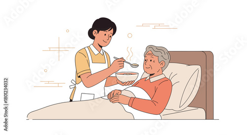 Compassionate Caregiver Feeds A Senior Patient Enjoying Their Meal In A Hospital Room