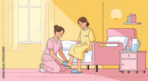Compassionate Healthcare Provider Assisting Patient's Foot Care In A Brightly Lit Room
