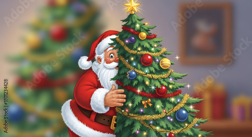 Illustration of Santa trying to hide behind a Christmas tree with part of his body visible, showing a funny expression as if he is playing hide and seek