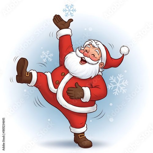 Illustration of Santa Claus dancing with funny and expressive movements, perhaps with one leg raised or hands in the air, showing great joy