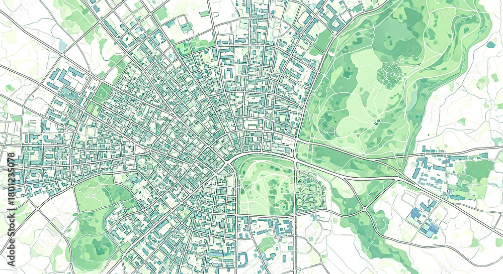 Fototapeta premium Detailed aerial map showcasing city infrastructure, parks, roads, and urban planning with green areas. 150 chars exactly.
