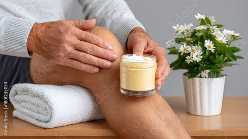 Man applying pain relief cream to knee