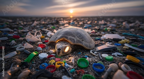 A sea turtle stranded on a polluted beach during sunset, surrounded by plastic waste and debris, highlighting environmental pollution and marine conservation issues