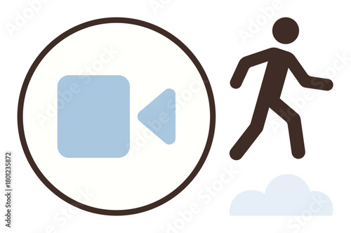 Video camera icon inside a circle next to a walking figure and a cloud. Ideal for digital media, video content, communication, mobility, creativity, modern lifestyle, simple flat metaphor