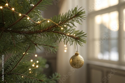 Golden Christmas Ornament Hanging on Pine Tree Branch with Soft Holiday Lights Background