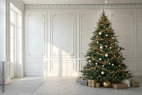 Festive Christmas Tree Decorated with Lights and Ornaments in Elegant Indoor Setting