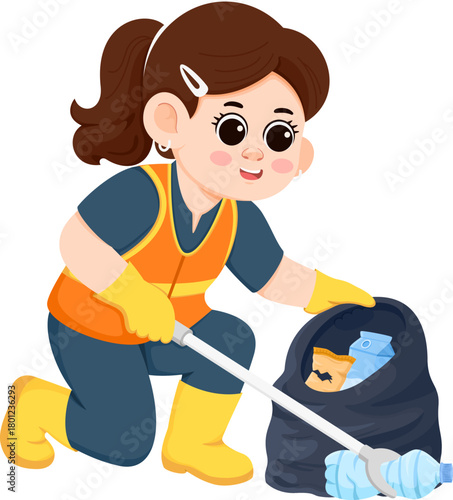 Illustration of Volunteer Picking Up Trash