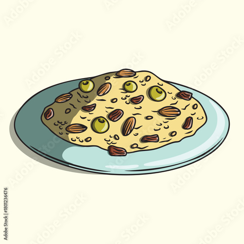 Illustration of Delicious Mediterranean Food Mestouf or Seffa on a Plate